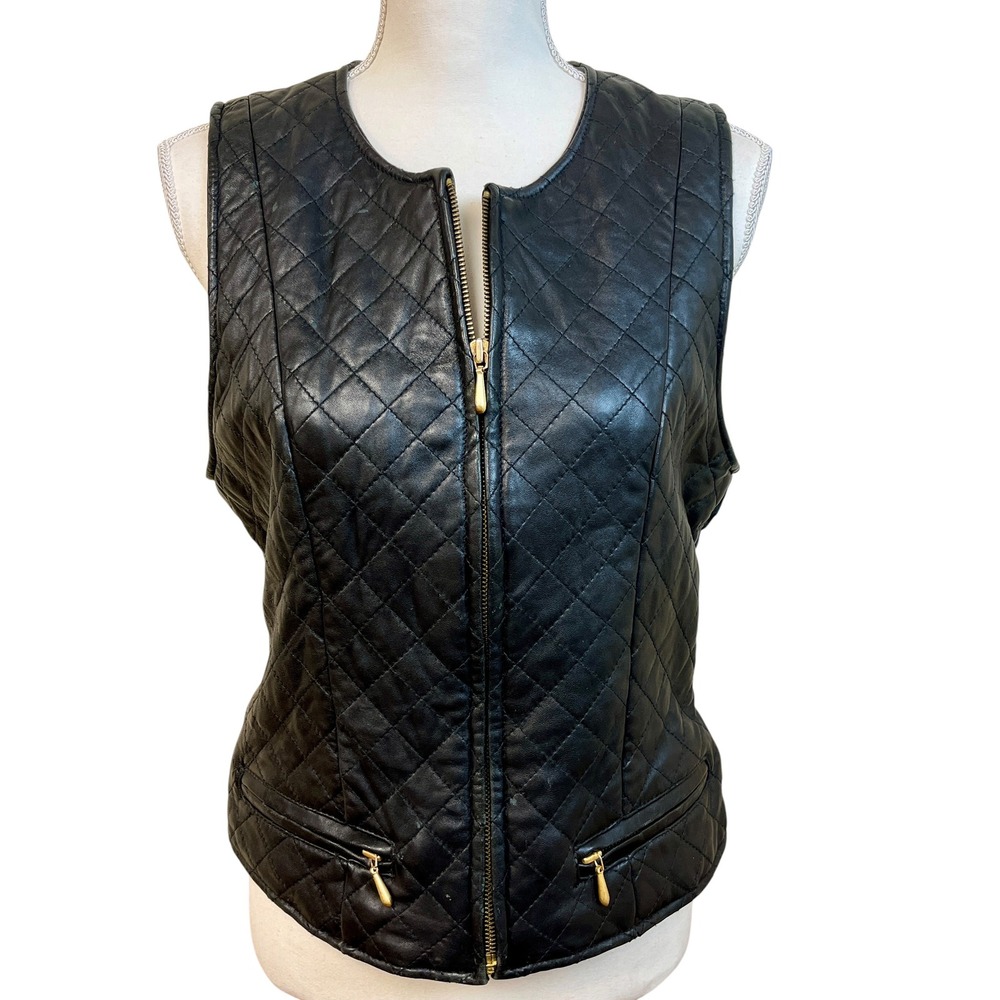 Vintage Y2K LIMITED Quilted Leather Vest M Black Zip Biker Moto Chic 90s Edgy